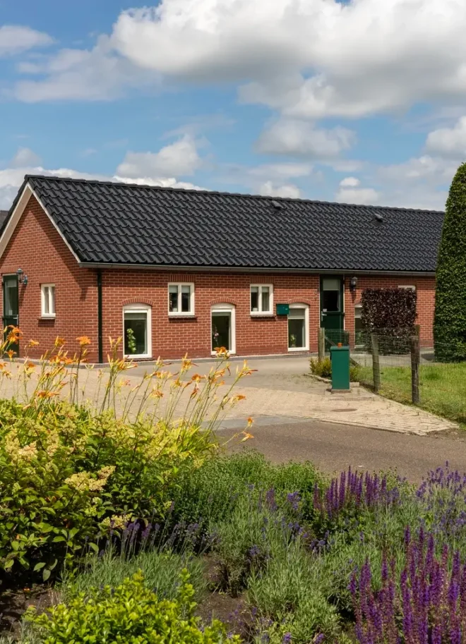 Vooraanzicht van de accommodatie in Haarle met groene tuin