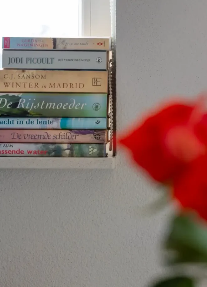 Sfeerfoto van boeken met op de voorgrond rode rozen